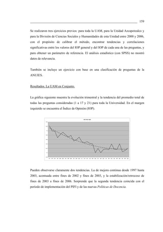 ___________________________________________________________________ 159

Se realizaron tres ejercicios previos: para toda la UAM, para la Unidad Azcapotzalco y
para la División de Ciencias Sociales y Humanidades de esta Unidad entre 2000 y 2006,
con el propósito de calibrar el método, encontrar tendencias y correlaciones
significativas entre los valores del IOP general y del IOP de cada una de las preguntas, y
para obtener un parámetro de referencia. El análisis estadístico (con SPSS) no mostró
datos de relevancia.


También se incluye un ejercicio con base en una clasificación de preguntas de la
ANUIES.


Resultados. La UAM en Conjunto.


La gráfica siguiente muestra la evolución trimestral y la tendencia del promedio total de
todas las preguntas consideradas (1 a 17 y 21) para toda la Universidad. En el margen
izquierdo se encuentra el Índice de Opinión (IOP).


                                                                                                 IOP TOTAL UAM

            1.54



            1.52



             1.5



            1.48



            1.46



            1.44



            1.42



             1.4



            1.38
                   97I   97P   97O   98I   98P   98O   99I   99P   99O   00I   00P   00O   01I   01P   01O   02I   02P   02O   03I   03P   03O   04I   04P   04O   05I   05P   05O   06I   06P   06O




Pueden observarse claramente dos tendencias. La de mejora continua desde 1997 hasta
2003, acentuada entre fines de 2002 y fines de 2003, y la estabilización/retroceso de
fines de 2003 a fines de 2006. Sorprende que la segunda tendencia coincida con el
período de implementación del PIFI y de las nuevas Políticas de Docencia.
 