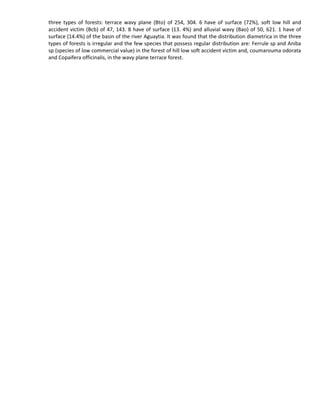 three types of forests: terrace wavy plane (Bto) of 254, 304. 6 have of surface (72%), soft low hill and
accident victim (Bcb) of 47, 143. 8 have of surface (13. 4%) and alluvial wavy (Bao) of 50, 621. 1 have of
surface (14.4%) of the basin of the river Aguaytia. It was found that the distribution diametrica in the three
types of forests is irregular and the few species that possess regular distribution are: Ferrule sp and Aniba
sp (species of low commercial value) in the forest of hill low soft accident victim and, coumarouma odorata
and Copaifera officinalis, in the wavy plane terrace forest.
 
