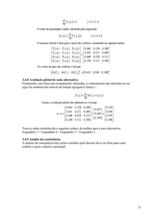 3.4.8 Avaliação global de cada alternativa
Finalmente, com base nas comparações efetuadas, o ordenamento das alternativas em
jogo foi estabelecido através da função agregativa linear f :
Tem-se então estabelecida a seguinte ordem, da melhor para a pior alternativa:
Esquadrão 1 > Esquadrão 4 > Esquadrão 2 > Esquadrão 3.
3.4.9 Análise da consistência
A análise de consistência dos juízos emitidos pelo decisor deve ser feita para cada
critério e para o objetivo principal.
21
 