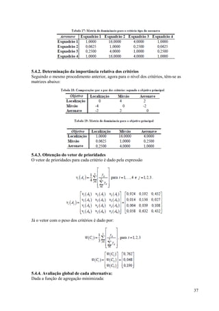 5.4.2. Determinação da importância relativa dos critérios
Seguindo o mesmo procedimento anterior, agora para o nível dos critérios, têm-se as
matrizes abaixo:
5.4.3. Obtenção do vetor de prioridades
O vetor de prioridades para cada critério é dado pela expressão
Já o vetor com o peso dos critérios é dado por:
5.4.4. Avaliação global de cada alternativa:
Dada a função de agregação minimizada:
37
 