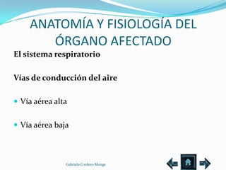 ANATOMÍA Y FISIOLOGÍA DEL
       ÓRGANO AFECTADO
El sistema respiratorio

Vías de conducción del aire

 Vía aérea alta


 Vía aérea baja



               Gabriela Cordero Monge
 