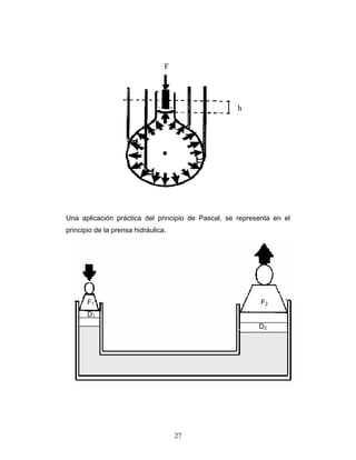 F
h
Una aplicación práctica del principio de Pascal, se representa en el
principio de la prensa hidráulica.
F1 F2
D1
D2
27
 