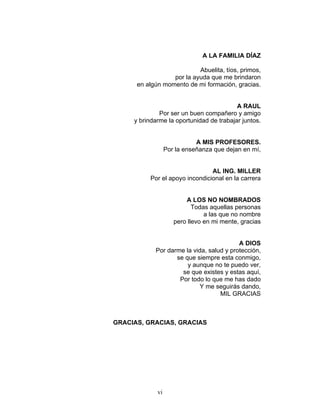 A LA FAMILIA DÍAZ
Abuelita, tíos, primos,
por la ayuda que me brindaron
en algún momento de mi formación, gracias.
A RAUL
Por ser un buen compañero y amigo
y brindarme la oportunidad de trabajar juntos.
A MIS PROFESORES.
Por la enseñanza que dejan en mí,
AL ING. MILLER
Por el apoyo incondicional en la carrera
A LOS NO NOMBRADOS
Todas aquellas personas
a las que no nombre
pero llevo en mi mente, gracias
A DIOS
Por darme la vida, salud y protección,
se que siempre esta conmigo,
y aunque no te puedo ver,
se que existes y estas aquí,
Por todo lo que me has dado
Y me seguirás dando,
MIL GRACIAS
GRACIAS, GRACIAS, GRACIAS
vi
 