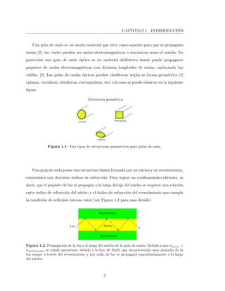 CAP´ITULO 1. INTRODUCCI ´ON
Una gu´ıa de onda es un medio material que sirve como soporte para que se propaguen
ondas [2], las cuales pueden ser ondas electromagn´eticas o mec´anicas como el sonido. En
particular una gu´ıa de onda ´optica es un material diel´ectrico donde puede propagarse
paquetes de ondas electromagn´eticas con distintas longitudes de ondas, incluyendo luz
visible. [2]. Las gu´ıas de ondas ´opticas pueden clasiﬁcarse seg´un su forma geom´etrica [4]
(planas, circulares, cil´ındricas, rectangulares, etc) tal como se puede observar en la siguiente
ﬁgura
Figura 1.1: Tres tipos de estructuras geom´etricas para gu´ıas de onda.
Una gu´ıa de onda posee una estructura b´asica formada por un n´ucleo y un revestimiento,
construidos con distintos ´ındices de refracci´on. Para lograr un conﬁnamiento eﬁciente, es
decir, que el paquete de luz se propague a lo largo del eje del n´ucleo se requiere una relaci´on
entre ´ındice de refracci´on del n´ucleo y el ´ındice de refracci´on del revestimiento que cumpla
la condici´on de reﬂexi´on interna total (ver Figura 1.2 para mas detalle)
Luz Nucleo
Revestimiento
Revestimiento
Figura 1.2: Propagaci´on de la luz a lo largo del n´ucleo de la gu´ıa de ondas. Debido a que nn´ucleo >
nrecubrimiento se puede garantizar, debido a la Ley de Snell, que un porcentaje muy peque˜no de la
luz escape a trav´es del revestimiento y por ende, la luz se propagar´a mayoritariamente a lo largo
del n´ucleo.
2
 
