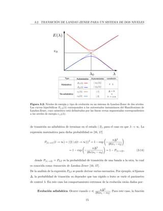 3.2. TRANSICI ´ON DE LANDAU-ZENER PARA UN SISTEMA DE DOS NIVELES
Figura 3.2: Niveles de energ´ıa y tipo de evoluci´on en un sistema de Landau-Zener de dos niveles.
Las curvas hiperb´olicas E1,2(λ) corresponden a los autoestados instant´aneos del Hamiltoniano de
Landau-Zener, cuyo asint´otico est´a delimitados por las l´ıneas rectas segmentadas correspondientes
a los niveles de energ´ıa 1,2(λ).
de transici´on no adiab´atica de terminar en el estado | 2 , para el caso en que λ → ∞. La
expresi´on matem´atica para dicha probabilidad es [16, 17]
P|1 →|1 (t → ∞) = | 2 | φ(t → ∞) |2
= 1 − exp −
π∆2
2 |˙1 − ˙2|
= 1 − exp −
π∆2
2 v|α1 − α2|
= 1 − P|1 →|2 , (3.14)
donde P|1 →|2 = PLZ es la probabilidad de transici´on de una banda a la otra, la cual
es conocida como transici´on de Landau-Zener [16, 17].
De la an´alisis de la expresi´on PLZ se puede derivar varios escenarios. Por ejemplo, si ﬁjamos
∆, la probablidad de transci´on va depender que tan r´apido o lento se var´ıe el par´ametro
de control λ. En este caso los comportamiento extremos de la evoluci´on est´an dados por:
Evoluci´on adiab´atica: Ocurre cuando v π∆2
2 |α1 − α2|
. Para este caso, la funci´on
15
 