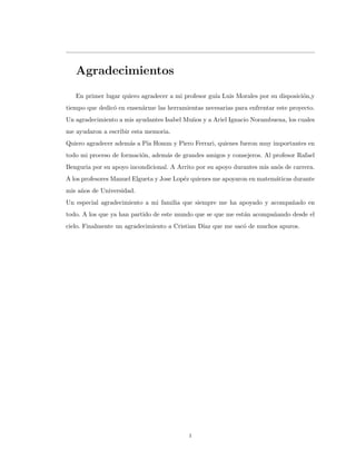 Agradecimientos
En primer lugar quiero agradecer a mi profesor gu´ıa Luis Morales por su disposici´on,y
tiempo que dedic´o en ensen˜arme las herramientas necesarias para enfrentar este proyecto.
Un agradecimiento a mis ayudantes Isabel Mu˜nos y a Ariel Ignacio Norambuena, los cuales
me ayudaron a escribir esta memoria.
Quiero agradecer adem´as a P´ıa Homm y Piero Ferrari, quienes fueron muy importantes en
todo mi proceso de formaci´on, adem´as de grandes amigos y consejeros. Al profesor Rafael
Benguria por su apoyo incondicional. A Arrito por su apoyo durantes mis an˜os de carrera.
A los profesores Manuel Elgueta y Jose Lop´ez quienes me apoyaron en matem´aticas durante
mis a˜nos de Universidad.
Un especial agradecimiento a mi familia que siempre me ha apoyado y acompa˜nado en
todo. A los que ya han partido de este mundo que se que me est´an acompa˜nando desde el
cielo. Finalmente un agradecimiento a Cristian D´ıaz que me sac´o de muchos apuros.
i
 