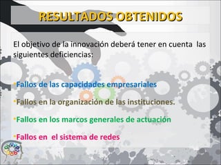 RESULTADOS OBTENIDOSRESULTADOS OBTENIDOS
El objetivo de la innovación deberá tener en cuenta las
siguientes deficiencias:
•Fallos de las capacidades empresariales
•Fallos en la organización de las instituciones.
•Fallos en los marcos generales de actuación
•Fallos en el sistema de redes
 