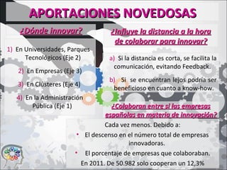 APORTACIONES NOVEDOSASAPORTACIONES NOVEDOSAS
1) En Universidades, Parques
Tecnológicos (Eje 2)
2) En Empresas (Eje 3)
3) En Clústeres (Eje 4)
4) En la Administración
Pública (Eje 1)
¿Influye la distancia a la hora¿Influye la distancia a la hora
de colaborar para innovar?de colaborar para innovar?
Cada vez menos. Debido a:
• El descenso en el número total de empresas
innovadoras.
• El porcentaje de empresas que colaboraban.
En 2011. De 50.982 solo cooperan un 12,3%
¿Dónde innovar?¿Dónde innovar?
a) Si la distancia es corta, se facilita la
comunicación, evitando Feedback.
b) Si se encuentran lejos podría ser
beneficioso en cuanto a know-how.
¿Colaboran entre si las empresas¿Colaboran entre si las empresas
españolas en materia de innovación?españolas en materia de innovación?
 