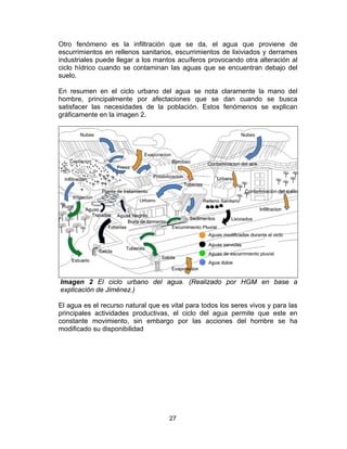 27
Otro fenómeno es la infiltración que se da, el agua que proviene de
escurrimientos en rellenos sanitarios, escurrimientos de lixiviados y derrames
industriales puede llegar a los mantos acuíferos provocando otra alteración al
ciclo hídrico cuando se contaminan las aguas que se encuentran debajo del
suelo.
En resumen en el ciclo urbano del agua se nota claramente la mano del
hombre, principalmente por afectaciones que se dan cuando se busca
satisfacer las necesidades de la población. Estos fenómenos se explican
gráficamente en la imagen 2.
Imagen 2 El ciclo urbano del agua. (Realizado por HGM en base a
explicación de Jiménez.)
El agua es el recurso natural que es vital para todos los seres vivos y para las
principales actividades productivas, el ciclo del agua permite que este en
constante movimiento, sin embargo por las acciones del hombre se ha
modificado su disponibilidad
 