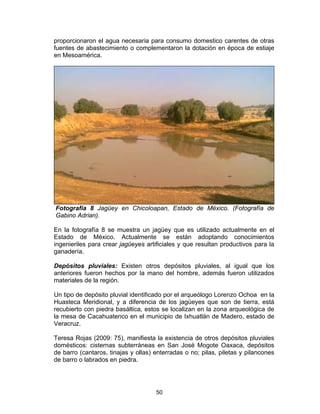 50
proporcionaron el agua necesaria para consumo domestico carentes de otras
fuentes de abastecimiento o complementaron la dotación en época de estiaje
en Mesoamérica.
Fotografía 8 Jagüey en Chicoloapan, Estado de México. (Fotografía de
Gabino Adrian).
En la fotografía 8 se muestra un jagüey que es utilizado actualmente en el
Estado de México. Actualmente se están adoptando conocimientos
ingenieriles para crear jagüeyes artificiales y que resultan productivos para la
ganadería.
Depósitos pluviales: Existen otros depósitos pluviales, al igual que los
anteriores fueron hechos por la mano del hombre, además fueron utilizados
materiales de la región.
Un tipo de depósito pluvial identificado por el arqueólogo Lorenzo Ochoa en la
Huasteca Meridional, y a diferencia de los jagüeyes que son de tierra, está
recubierto con piedra basáltica, estos se localizan en la zona arqueológica de
la mesa de Cacahuatenco en el municipio de Ixhuatlán de Madero, estado de
Veracruz.
Teresa Rojas (2009: 75), manifiesta la existencia de otros depósitos pluviales
domésticos: cisternas subterráneas en San José Mogote Oaxaca, depósitos
de barro (cantaros, tinajas y ollas) enterradas o no; pilas, piletas y pilancones
de barro o labrados en piedra.
 