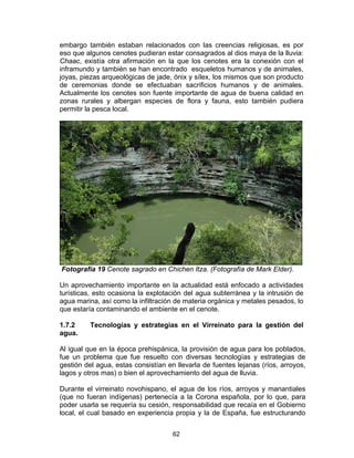 62
embargo también estaban relacionados con las creencias religiosas, es por
eso que algunos cenotes pudieran estar consagrados al dios maya de la lluvia:
Chaac, existía otra afirmación en la que los cenotes era la conexión con el
inframundo y también se han encontrado esqueletos humanos y de animales,
joyas, piezas arqueológicas de jade, ónix y sílex, los mismos que son producto
de ceremonias donde se efectuaban sacrificios humanos y de animales.
Actualmente los cenotes son fuente importante de agua de buena calidad en
zonas rurales y albergan especies de flora y fauna, esto también pudiera
permitir la pesca local.
Fotografía 19 Cenote sagrado en Chichen Itza. (Fotografía de Mark Elder).
Un aprovechamiento importante en la actualidad está enfocado a actividades
turísticas, esto ocasiona la explotación del agua subterránea y la intrusión de
agua marina, así como la infiltración de materia orgánica y metales pesados, lo
que estaría contaminando el ambiente en el cenote.
1.7.2 Tecnologías y estrategias en el Virreinato para la gestión del
agua.
Al igual que en la época prehispánica, la provisión de agua para los poblados,
fue un problema que fue resuelto con diversas tecnologías y estrategias de
gestión del agua, estas consistían en llevarla de fuentes lejanas (ríos, arroyos,
lagos y otros mas) o bien el aprovechamiento del agua de lluvia.
Durante el virreinato novohispano, el agua de los ríos, arroyos y manantiales
(que no fueran indígenas) pertenecía a la Corona española, por lo que, para
poder usarla se requería su cesión, responsabilidad que recaía en el Gobierno
local, el cual basado en experiencia propia y la de España, fue estructurando
 