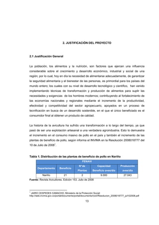 13
2. JUSTIFICACIÓN DEL PROYECTO
2.1 Justificación General
La población, los alimentos y la nutrición, son factores que ejercen una influencia
considerable sobre el crecimiento y desarrollo económico, industrial y social de una
región; por lo cual, hoy en día la necesidad de alimentarse adecuadamente, de garantizar
la seguridad alimentaria y el bienestar de las personas, es primordial para los países del
mundo entero; los cuales con su nivel de desarrollo tecnológico y científico, han venido
implementando técnicas de transformación y producción de alimentos para suplir las
necesidades y exigencias de los hombres modernos; contribuyendo al fortalecimiento de
las economías nacionales y regionales mediante el incremento de la productividad,
efectividad y competitividad del sector agropecuario, apoyados en un proceso de
tecnificación en busca de un desarrollo sostenible, en el que el único beneficiado es el
consumidor final al obtener un producto de calidad.
La historia de la avicultura ha sufrido una transformación a lo largo del tiempo, ya que
pasó de ser una explotación artesanal a una verdadera agroindustria. Esto lo demuestra
el incremento en el consumo masivo de pollo en el país y también el incremento de las
plantas de beneficio de pollo, según informa el INVIMA en la Resolución 2008018777 del
10 de Julio de 20081
.
Tabla 1. Distribución de las plantas de beneficio de pollo en Nariño
FENAVI
Departamento Beneficio
N°de
Plantas
Capacidad
Beneficio aves/día
Producción
aves/día
Nariño 21 2 9.000 27.043
Fuente: Revista Avicultores. Edición 153. Julio de 2008
1
JAIRO CESPEDES CAMACHO, Ministerio de la Protección Social:
http://web.invima.gov.co/portal/documents/portal/documents/root//Resolucion_2008018777_jul102008.pdf
 