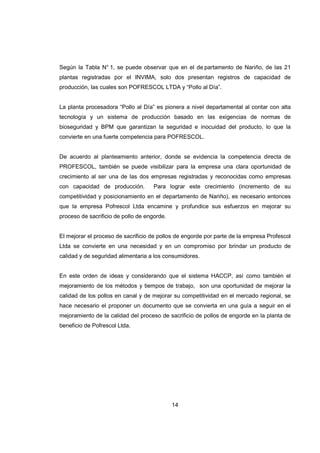 14
Según la Tabla N° 1, se puede observar que en el de partamento de Nariño, de las 21
plantas registradas por el INVIMA, solo dos presentan registros de capacidad de
producción, las cuales son POFRESCOL LTDA y “Pollo al Día”.
La planta procesadora “Pollo al Día” es pionera a nivel departamental al contar con alta
tecnología y un sistema de producción basado en las exigencias de normas de
bioseguridad y BPM que garantizan la seguridad e inocuidad del producto, lo que la
convierte en una fuerte competencia para POFRESCOL.
De acuerdo al planteamiento anterior, donde se evidencia la competencia directa de
PROFESCOL, también se puede visibilizar para la empresa una clara oportunidad de
crecimiento al ser una de las dos empresas registradas y reconocidas como empresas
con capacidad de producción. Para lograr este crecimiento (incremento de su
competitividad y posicionamiento en el departamento de Nariño), es necesario entonces
que la empresa Pofrescol Ltda encamine y profundice sus esfuerzos en mejorar su
proceso de sacrificio de pollo de engorde.
El mejorar el proceso de sacrificio de pollos de engorde por parte de la empresa Profescol
Ltda se convierte en una necesidad y en un compromiso por brindar un producto de
calidad y de seguridad alimentaria a los consumidores.
En este orden de ideas y considerando que el sistema HACCP, así como también el
mejoramiento de los métodos y tiempos de trabajo, son una oportunidad de mejorar la
calidad de los pollos en canal y de mejorar su competitividad en el mercado regional, se
hace necesario el proponer un documento que se convierta en una guía a seguir en el
mejoramiento de la calidad del proceso de sacrificio de pollos de engorde en la planta de
beneficio de Pofrescol Ltda.
 