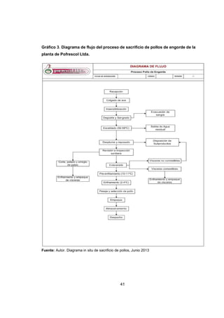 41
Gráfico 3. Diagrama de flujo del proceso de sacrificio de pollos de engorde de la
planta de Pofrescol Ltda.
Fuente: Autor. Diagrama in situ de sacrificio de pollos, Junio 2013
 