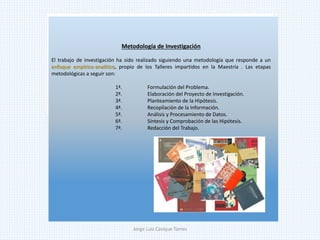 Metodología de Investigación
El trabajo de investigación ha sido realizado siguiendo una metodología que responde a un
enfoque empírico-analítico, propio de los Talleres impartidos en la Maestría . Las etapas
metodológicas a seguir son:
1ª. Formulación del Problema.
2ª. Elaboración del Proyecto de Investigación.
3ª. Planteamiento de la Hipótesis.
4ª. Recopilación de la Información.
5ª. Análisis y Procesamiento de Datos.
6ª. Síntesis y Comprobación de las Hipótesis.
7ª. Redacción del Trabajo.
Jorge Luis Casique Torres
 