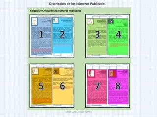 Sinopsis y Crítica de los Números Publicados
Descripción de los Números Publicados
Jorge Luis Casique Torres
 