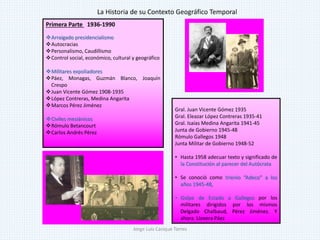 Gral. Juan Vicente Gómez 1935
Gral. Eleazar López Contreras 1935-41
Gral. Isaías Medina Angarita 1941-45
Junta de Gobierno 1945-48
Rómulo Gallegos 1948
Junta Militar de Gobierno 1948-52
• Hasta 1958 adecuar texto y significado de
la Constitución al parecer del Autócrata
• Se conoció como trienio “Adeco” a los
años 1945-48,
• Golpe de Estado a Gallegos por los
militares dirigidos por los mismos
Delgado Chalbaud, Pérez Jiménez. Y
ahora Llovera Páez
Primera Parte 1936-1990
Arraigado presidencialismo
Autocracias
Personalismo, Caudillismo
Control social, económico, cultural y geográfico
Militares expoliadores
Páez, Monagas, Guzmán Blanco, Joaquín
Crespo
Juan Vicente Gómez 1908-1935
López Contreras, Medina Angarita
Marcos Pérez Jiménez
Civiles mesiánicos
Rómulo Betancourt
Carlos Andrés Pérez
La Historia de su Contexto Geográfico Temporal
Jorge Luis Casique Torres
 