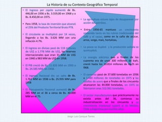 • El Ingreso per capita aumentó de Bs.
446,00 en 1936 a Bs. 3.559,00 en 1968 y a
Bs. 8.450,00 en 1975.
• Para 1958, la tasa de inversión que alcanzó
el 25% del Producto Territorial Bruto PTB.
• El circulante se multiplicó por 14 veces,
llegando a los Bs. 3.626 MM con una
inflación 4.7%.
• El ingreso en divisas pasó de 118 millones
de US$ a 1.778 MM de US$, las reservas
internacionales que eran 31 MM de US$
en 1940 a 983 MM de US$ en 1958.
• El PIB creció de Bs. 11.826 MM en 1950 a
Bs. 24.585 MM en 1958.
• El Ingreso Nacional dio un salto de Bs.
1.761 MM en 1936 a Bs. 25.935 MM para
1958
• El Presupuesto Nacional aumentó de Bs.
285 MM en el 36 a cerca de Bs. 40.000
MM en el 75.
• La agricultura estuvo lejos de desaparecer por
acción del petróleo.
• Entre 1956-65 mantuvo un crecimiento
sostenido tanto en los rubros tradicionales del
café y el cacao, como en la caña de azúcar,
arroz, sorgo, maíz, hortalizas,
• La pesca se duplicó y la producción avícola se
quintuplicó.
• La energía eléctrica que a finales de los
cuarenta era de unos 300 millones de kwh,
creció hasta los 10.814 millones de Kw/h en
l968.
• El cemento pasó de 37.600 toneladas en 1936
a 3.480 millones de toneladas en 1975 y las
cabillas de acero que a finales de los cincuenta
alcanzaron las 44.000 toneladas, en 1975 se
fabricaron unas 312.061 toneladas.
• El sector manufacturero que prácticamente no
existía antes del 36, comienza su
industrialización en los cincuenta y su
crecimiento interanual superó al de México,
Chile y Argentina por muchos años.
La Historia de su Contexto Geográfico Temporal
Jorge Luis Casique Torres
 