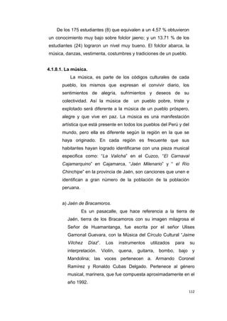112
De los 175 estudiantes (8) que equivalen a un 4.57 % obtuvieron
un conocimiento muy bajo sobre folclor jaeno; y un 13.71 % de los
estudiantes (24) lograron un nivel muy bueno. El folclor abarca, la
música, danzas, vestimenta, costumbres y tradiciones de un pueblo.
4.1.8.1. La música.
La música, es parte de los códigos culturales de cada
pueblo, los mismos que expresan el convivir diario, los
sentimientos de alegría, sufrimientos y deseos de su
colectividad. Así la música de un pueblo pobre, triste y
explotado será diferente a la música de un pueblo próspero,
alegre y que vive en paz. La música es una manifestación
artística que está presente en todos los pueblos del Perú y del
mundo, pero ella es diferente según la región en la que se
haya originado. En cada región es frecuente que sus
habitantes hayan logrado identificarse con una pieza musical
especifica como: “La Valicha” en el Cuzco, “El Carnaval
Cajamarquino” en Cajamarca, “Jaén Milenario” y “ el Río
Chinchipe” en la provincia de Jaén, son canciones que unen e
identifican a gran número de la población de la población
peruana.
a) Jaén de Bracamoros.
Es un pasacalle, que hace referencia a la tierra de
Jaén, tierra de los Bracamoros con su imagen milagrosa el
Señor de Huamantanga, fue escrita por el señor Ulises
Gamonal Guevara, con la Música del Círculo Cultural “Jaime
Vílchez Díaz”. Los instrumentos utilizados para su
interpretación. Violín, quena, guitarra, bombo, bajo y
Mandolina; las voces pertenecen a. Armando Coronel
Ramírez y Ronaldo Cubas Delgado. Pertenece al género
musical, marinera, que fue compuesta aproximadamente en el
año 1992.
 