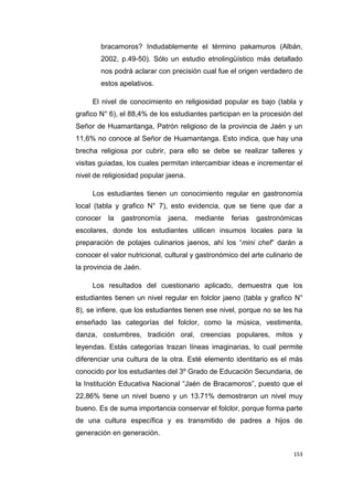 153
bracamoros? Indudablemente el término pakamuros (Albán,
2002, p.49-50). Sólo un estudio etnolingüístico más detallado
nos podrá aclarar con precisión cual fue el origen verdadero de
estos apelativos.
El nivel de conocimiento en religiosidad popular es bajo (tabla y
grafico N° 6), el 88,4% de los estudiantes participan en la procesión del
Señor de Huamantanga, Patrón religioso de la provincia de Jaén y un
11,6% no conoce al Señor de Huamantanga. Esto indica, que hay una
brecha religiosa por cubrir, para ello se debe se realizar talleres y
visitas guiadas, los cuales permitan intercambiar ideas e incrementar el
nivel de religiosidad popular jaena.
Los estudiantes tienen un conocimiento regular en gastronomía
local (tabla y grafico N° 7), esto evidencia, que se tiene que dar a
conocer la gastronomía jaena, mediante ferias gastronómicas
escolares, donde los estudiantes utilicen insumos locales para la
preparación de potajes culinarios jaenos, ahí los “mini chef” darán a
conocer el valor nutricional, cultural y gastronómico del arte culinario de
la provincia de Jaén.
Los resultados del cuestionario aplicado, demuestra que los
estudiantes tienen un nivel regular en folclor jaeno (tabla y grafico N°
8), se infiere, que los estudiantes tienen ese nivel, porque no se les ha
enseñado las categorías del folclor, como la música, vestimenta,
danza, costumbres, tradición oral, creencias populares, mitos y
leyendas. Estás categorías trazan líneas imaginarias, lo cual permite
diferenciar una cultura de la otra. Esté elemento identitario es el más
conocido por los estudiantes del 3º Grado de Educación Secundaria, de
la Institución Educativa Nacional “Jaén de Bracamoros”, puesto que el
22,86% tiene un nivel bueno y un 13.71% demostraron un nivel muy
bueno. Es de suma importancia conservar el folclor, porque forma parte
de una cultura específica y es transmitido de padres a hijos de
generación en generación.
 