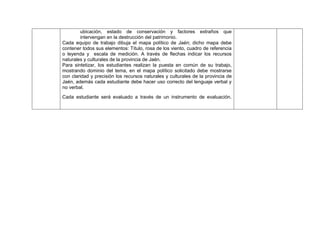 180
ubicación, estado de conservación y factores extraños que
intervengan en la destrucción del patrimonio.
Cada equipo de trabajo dibuja el mapa político de Jaén; dicho mapa debe
contener todos sus elementos: Título, rosa de los viento, cuadro de referencia
o leyenda y escala de medición. A través de flechas indicar los recursos
naturales y culturales de la provincia de Jaén.
Para sintetizar, los estudiantes realizan la puesta en común de su trabajo,
mostrando dominio del tema, en el mapa político solicitado debe mostrarse
con claridad y precisión los recursos naturales y culturales de la provincia de
Jaén, además cada estudiante debe hacer uso correcto del lenguaje verbal y
no verbal.
Cada estudiante será evaluado a través de un instrumento de evaluación.
 