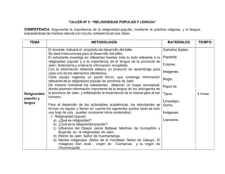 188
TALLER Nº 5: “RELIGIOSIDAD POPULAR Y LENGUA”
COMPETENCIA. Argumenta la importancia de la religiosidad popular, mediante la práctica religiosa, y la lengua,
expresándose de manera natural con mucha coherencia en sus ideas.
TEMA METODOLOGÍA MATERIALES TIEMPO
Religiosidad
popular y
lengua
El docente, indicará el propósito de desarrollo del taller.
Se dará instrucciones para el desarrollo del taller.
El estudiante investiga en diferentes fuentes todo lo todo referente a la
religiosidad popular y a la importancia de la lengua de la provincia de
Jaén. Selecciona y ordena la información recopilada.
Con la información obtenida elabora un producto de aprendizaje para
cada uno de los elementos identitarios.
Cada equipo organiza un panel fórum, que contenga información
relevante de la religiosidad popular de provincia de Jaén.
De manera individual los estudiantes elaboran un mapa conceptual,
donde plasmen información importante de la lengua de los aborígenes de
la provincia de Jaén, y enfatizando la importancia de la misma para el ser
humano.
Para el desarrollo de las actividades académicas, los estudiantes se
forman en equipo y tienen en cuenta los siguientes puntos (esto es solo
una hoja de ruta , pueden incorporar otros contenidos):
1. Religiosidad popular:
a) ¿Qué es religiosidad?
b) ¿Qué es la religiosidad popular?
c) Influencia del Obispo Jaime Baltasar Martínez de Compañón y
Bujanda en la religiosidad de Jaén.
d) Patrón de Jaén, Señor de Huamantanga.
e) Santos milagrosos :Señor de la Humildad, Señor de Cabuyo, El
milagroso San José , virgen de Cocharcas y la virgen de
Chunchuquillo
Cartulina dúplex.
Papelote.
Colores.
Imágenes.
Regla.
Papel de
Tijera.
Limpiatipo.
Goma.
Imágenes.
Lapiceros.
4 horas
 