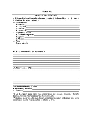 207
FICHA Nº 3
FICHA DE INFORMACIÓN
I. El inmueble ha sido declarada reserva natural de la nación: si ( ) no ( )
II. Nombre del lugar visitado :_________________________________________
III. Localización:
1. Región:_______________________________________________________
2.Provincia:_____________________________________________________
3. Distrito:_______________________________________________________
4. Dirección:_____________________________________________________
IV. Propietario actual:
1. Gobierno regional:_______________________________________________
2. Iglesia: _______________________________________________________
3. Otros:________________________________________________________
V. Usos.
1. Uso actual:
_____________________________________________________________
_____________________________________________________________
_____________________________________________________________
VI. Breve descripción del inmueble(*):
___________________________________________________________________
___________________________________________________________________
___________________________________________________________________
___________________________________________________________________
___________________________________________________________________
___________________________________________________________________
___________________________________________________________________
VII.Observaciones(**):__________________________________________________
_____________________________________________________________________
_____________________________________________________________________
_____________________________________________________________________
_____________________________________________________________________
_____________________________________________________________________
_____________________________________________________________________
_____________________________________________________________________
_____________________________________________________________________
VIII. Responsable de la ficha.
1. Apellidos y Nombre:___________________________________________________
2. Dirección:________________________________________________________
(*) La descripción debe incluir las características del bosque, ubicación, tamaño,
distancia, recursos naturales según su clasificación, etc.
(**) Deberán anotar los actos que atentan contra la conservación del bosque, tales como:
presencia de basura, invasiones, tala de árboles u otros.
 