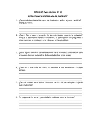 209
FICHA DE EVALUACIÓN Nº 02
METACOGNIFICACION PARA EL DOCENTE*
1. ¿Desarrollo la actividad tal como fue diseñada o realizo algunos cambios?
explique porque.
____________________________________________________________
____________________________________________________________
____________________________________________________________
____________________________________________________________
2. ¿Cómo fue el comportamiento de los estudiantes durante la actividad?
indique si estuvieron atentos o distraídos, si participaron con preguntas u
observaciones si mostraron o no intereses en la actualidad.
____________________________________________________________
____________________________________________________________
____________________________________________________________
____________________________________________________________
3. ¿Tuvo alguna dificultad para el desarrollo de la actividad? (autorización para
el ingreso, tiempo, indisciplina de los estudiantes, entre otras).
____________________________________________________________
____________________________________________________________
____________________________________________________________
____________________________________________________________
4. ¿Qué es lo que más les llamo la atención a sus estudiantes? indique
porque.
____________________________________________________________
____________________________________________________________
____________________________________________________________
____________________________________________________________
5. ¿De qué manera estas visitas didácticas ha sido útil para el aprendizaje de
sus estudiantes?
____________________________________________________________
____________________________________________________________
____________________________________________________________
____________________________________________________________
6. Su programación anual, ¿permite la inclusión de estas actividades?
____________________________________________________________
____________________________________________________________
____________________________________________________________
____________________________________________________________
 