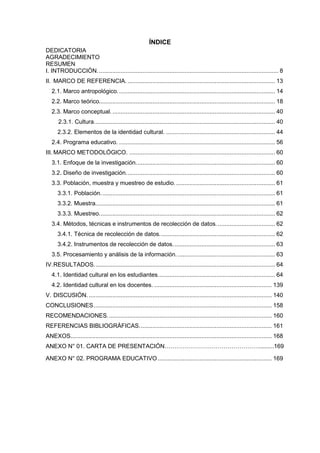 6
ÍNDICE
DEDICATORIA
AGRADECIMIENTO
RESUMEN
I. INTRODUCCIÓN............................................................................................................ 8
II. MARCO DE REFERENCIA......................................................................................... 13
2.1. Marco antropológico.............................................................................................. 14
2.2. Marco teórico......................................................................................................... 18
2.3. Marco conceptual.................................................................................................. 40
2.3.1. Cultura............................................................................................................ 40
2.3.2. Elementos de la identidad cultural. ................................................................. 44
2.4. Programa educativo. ............................................................................................. 56
III. MARCO METODOLÓGICO. ....................................................................................... 60
3.1. Enfoque de la investigación................................................................................... 60
3.2. Diseño de investigación......................................................................................... 60
3.3. Población, muestra y muestreo de estudio............................................................ 61
3.3.1. Población........................................................................................................ 61
3.3.2. Muestra........................................................................................................... 61
3.3.3. Muestreo......................................................................................................... 62
3.4. Métodos, técnicas e instrumentos de recolección de datos. .................................. 62
3.4.1. Técnica de recolección de datos..................................................................... 62
3.4.2. Instrumentos de recolección de datos............................................................. 63
3.5. Procesamiento y análisis de la información........................................................... 63
IV.RESULTADOS............................................................................................................ 64
4.1. Identidad cultural en los estudiantes...................................................................... 64
4.2. Identidad cultural en los docentes. ...................................................................... 139
V. DISCUSIÓN. ............................................................................................................. 140
CONCLUSIONES.......................................................................................................... 158
RECOMENDACIONES.................................................................................................. 160
REFERENCIAS BIBLIOGRÁFICAS............................................................................... 161
ANEXOS........................................................................................................................ 168
ANEXO N° 01. CARTA DE PRESENTACIÓN………………………………………….........169
ANEXO N° 02. PROGRAMA EDUCATIVO.................................................................... 169
 