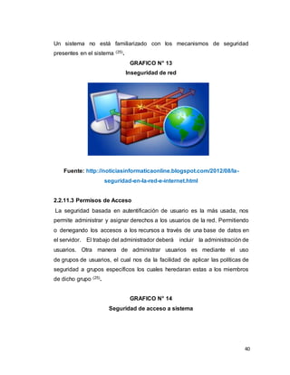 40
Un sistema no está familiarizado con los mecanismos de seguridad
presentes en el sistema (25).
GRAFICO N° 13
Inseguridad de red
Fuente: http://noticiasinformaticaonline.blogspot.com/2012/08/la-
seguridad-en-la-red-e-internet.html
2.2.11.3 Permisos de Acceso
La seguridad basada en autentificación de usuario es la más usada, nos
permite administrar y asignar derechos a los usuarios de la red. Permitiendo
o denegando los accesos a los recursos a través de una base de datos en
el servidor. El trabajo del administrador deberá incluir la administración de
usuarios. Otra manera de administrar usuarios es mediante el uso
de grupos de usuarios, el cual nos da la facilidad de aplicar las políticas de
seguridad a grupos específicos los cuales heredaran estas a los miembros
de dicho grupo (25).
GRAFICO N° 14
Seguridad de acceso a sistema
 