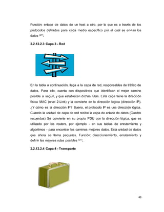 49
Función: enlace de datos de un host a otro, por lo que es a través de los
protocolos definidos para cada medio específico por el cual se envían los
datos (27).
2.2.12.2.3 Capa 3 - Red
En la tabla a continuación, llega a la capa de red, responsables de tráfico de
datos. Para ello, cuenta con dispositivos que identifican el mejor camino
posible a seguir, y que establecen dichas rutas. Esta capa tiene la dirección
física MAC (nivel 2-Link) y la convierte en la dirección lógica (dirección IP).
¿Y cómo es la dirección IP? Bueno, el protocolo IP es una dirección lógica.
Cuando la unidad de capa de red recibe la capa de enlace de datos (Cuadro
recuerdas) Se convierte en su propio PDU con la dirección lógica, que es
utilizado por los routers, por ejemplo - en sus tablas de enrutamiento y
algoritmos - para encontrar los caminos mejores datos. Esta unidad de datos
que ahora se llama paquetes. Función: direccionamiento, enrutamiento y
definir las mejores rutas posibles (27).
2.2.12.2.4 Capa 4 - Transporte
 