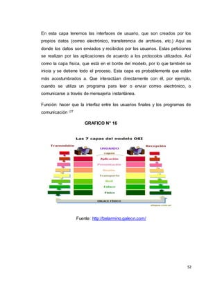 52
En esta capa tenemos las interfaces de usuario, que son creados por los
propios datos (correo electrónico, transferencia de archivos, etc.) Aquí es
donde los datos son enviados y recibidos por los usuarios. Estas peticiones
se realizan por las aplicaciones de acuerdo a los protocolos utilizados. Así
como la capa física, que está en el borde del modelo, por lo que también se
inicia y se detiene todo el proceso. Esta capa es probablemente que están
más acostumbrados a. Que interactúan directamente con él, por ejemplo,
cuando se utiliza un programa para leer o enviar correo electrónico, o
comunicarse a través de mensajería instantánea.
Función: hacer que la interfaz entre los usuarios finales y los programas de
comunicación (27
GRAFICO N° 16
Fuente: http://belarmino.galeon.com/
 