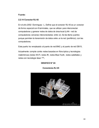 63
Fuente:
2.2.14 Conector RJ 45
En el año 2002 Domínguez L. Define que el conector RJ 45 es un conector
de forma especial con 8 terminales, que se utilizan para interconectar
computadoras y generar redes de datos de área local (LAN - red de
computadoras cercanas interconectadas entre sí). Se les llama puertos
porque permiten la transmisión de datos entre un la red (periférico), con las
computadoras.
Este puerto ha remplazado al puerto de red BNC y al puerto de red DB15.
Actualmente compite contra redes basadas en fibra óptica y tecnologías
inalámbricas (redes Wi-Fi, redes IR, redes Blue-Tooth, redes satelitales y
redes con tecnología láser (34).
GRAFICO N° 24
Conectores RJ 45
 