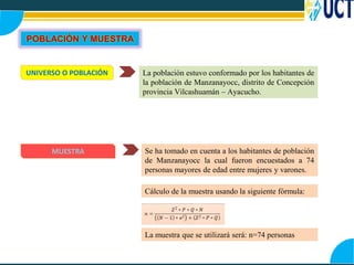 UNIVERSO O POBLACIÓN
Se ha tomado en cuenta a los habitantes de población
de Manzanayocc la cual fueron encuestados a 74
personas mayores de edad entre mujeres y varones.
MUESTRA
La población estuvo conformado por los habitantes de
la población de Manzanayocc, distrito de Concepción
provincia Vilcashuamán – Ayacucho.
POBLACIÓN Y MUESTRA
Cálculo de la muestra usando la siguiente fórmula:
La muestra que se utilizará será: n=74 personas
 