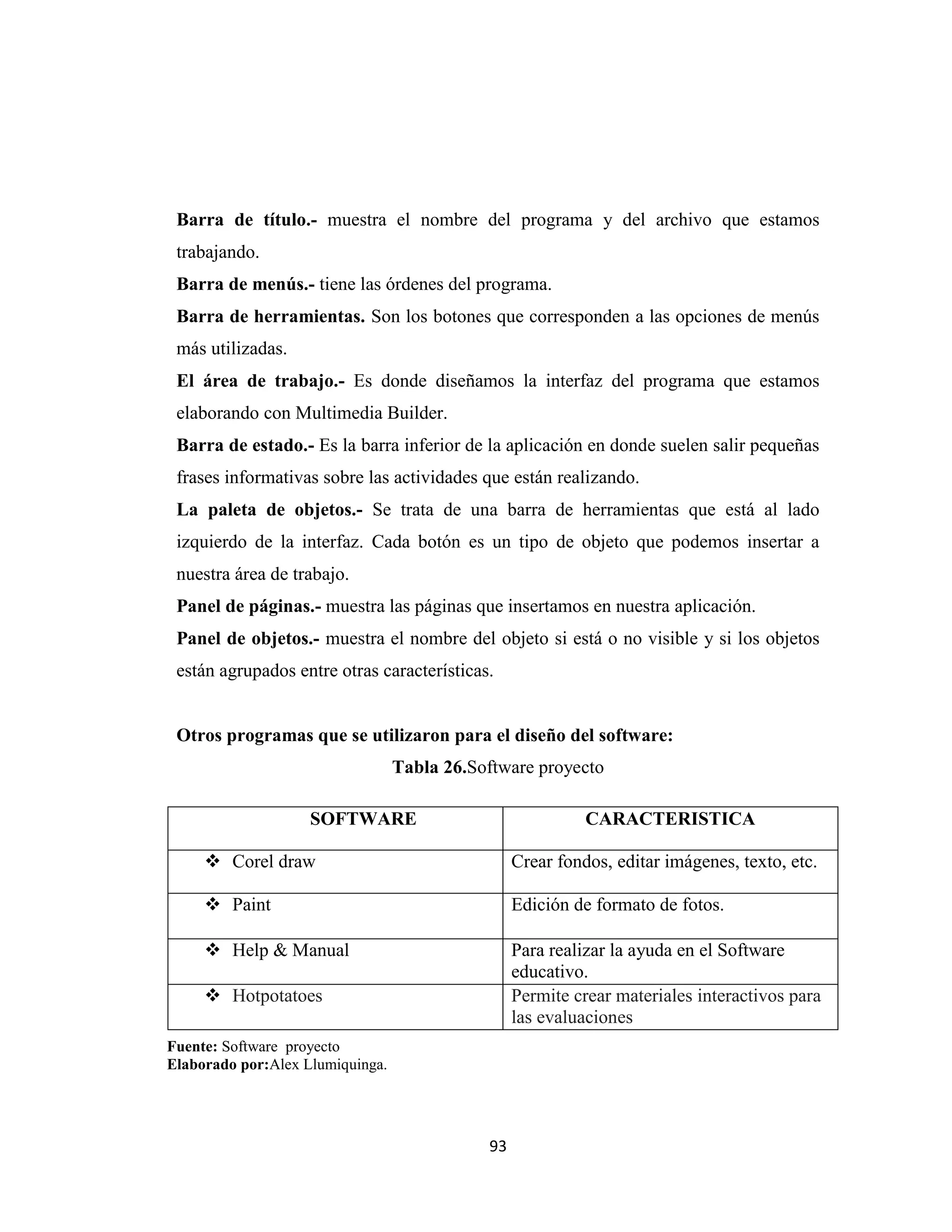 Barra de título.- muestra el nombre del programa y del archivo que estamos
 trabajando.
 Barra de menús.- tiene las órdenes del programa.
 Barra de herramientas. Son los botones que corresponden a las opciones de menús
 más utilizadas.
 El área de trabajo.- Es donde diseñamos la interfaz del programa que estamos
 elaborando con Multimedia Builder.
 Barra de estado.- Es la barra inferior de la aplicación en donde suelen salir pequeñas
 frases informativas sobre las actividades que están realizando.
 La paleta de objetos.- Se trata de una barra de herramientas que está al lado
 izquierdo de la interfaz. Cada botón es un tipo de objeto que podemos insertar a
 nuestra área de trabajo.
 Panel de páginas.- muestra las páginas que insertamos en nuestra aplicación.
 Panel de objetos.- muestra el nombre del objeto si está o no visible y si los objetos
 están agrupados entre otras características.


 Otros programas que se utilizaron para el diseño del software:
                                  Tabla 26.Software proyecto

                    SOFTWARE                                CARACTERISTICA

      Corel draw                                 Crear fondos, editar imágenes, texto, etc.

      Paint                                      Edición de formato de fotos.

      Help & Manual                              Para realizar la ayuda en el Software
                                                  educativo.
      Hotpotatoes                                Permite crear materiales interactivos para
                                                  las evaluaciones
Fuente: Software proyecto
Elaborado por:Alex Llumiquinga.




                                             93
 