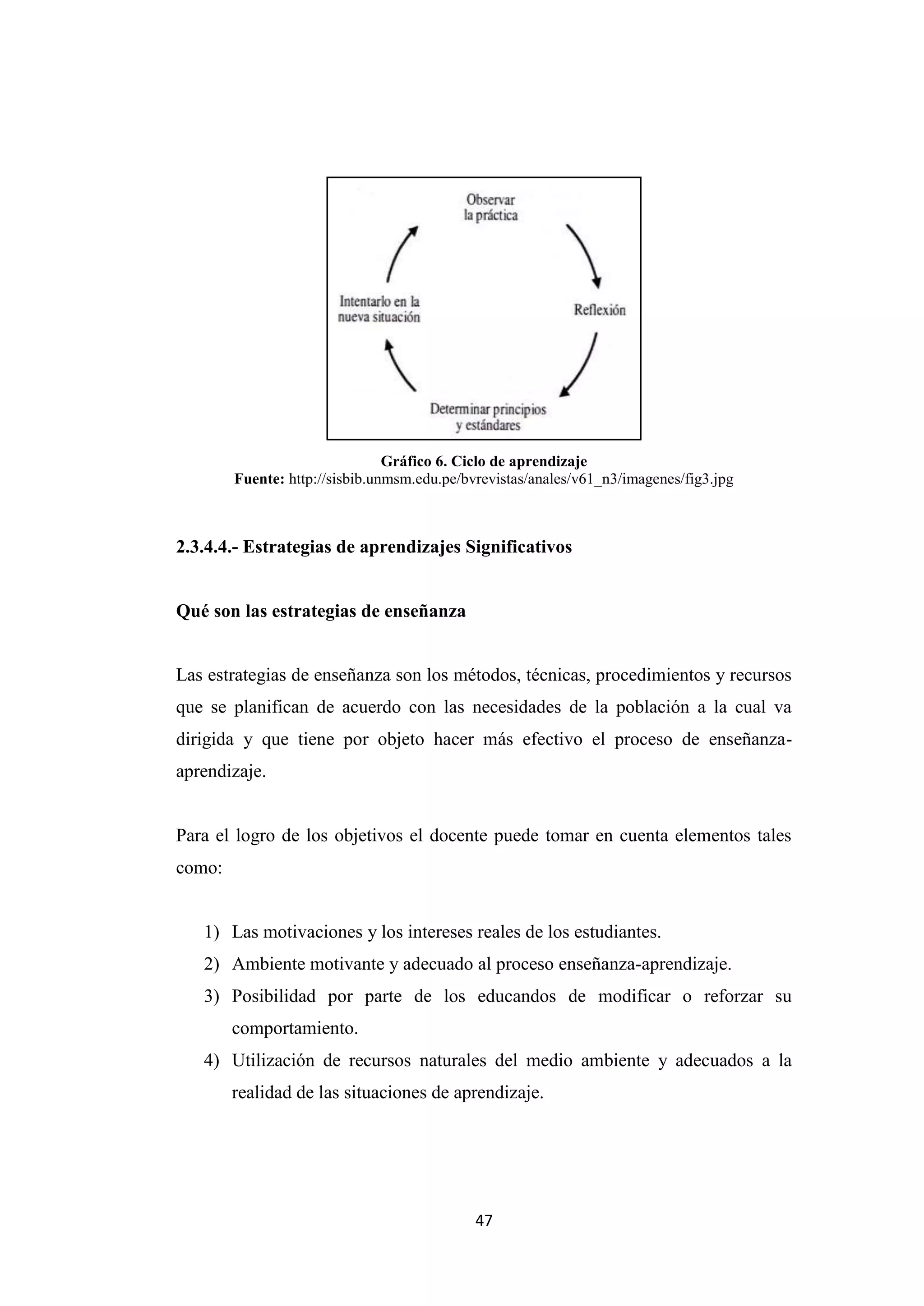 Gráfico 6. Ciclo de aprendizaje
        Fuente: http://sisbib.unmsm.edu.pe/bvrevistas/anales/v61_n3/imagenes/fig3.jpg



2.3.4.4.- Estrategias de aprendizajes Significativos


Qué son las estrategias de enseñanza


Las estrategias de enseñanza son los métodos, técnicas, procedimientos y recursos
que se planifican de acuerdo con las necesidades de la población a la cual va
dirigida y que tiene por objeto hacer más efectivo el proceso de enseñanza-
aprendizaje.


Para el logro de los objetivos el docente puede tomar en cuenta elementos tales
como:


   1) Las motivaciones y los intereses reales de los estudiantes.
   2) Ambiente motivante y adecuado al proceso enseñanza-aprendizaje.
   3) Posibilidad por parte de los educandos de modificar o reforzar su
        comportamiento.
   4) Utilización de recursos naturales del medio ambiente y adecuados a la
        realidad de las situaciones de aprendizaje.




                                             47
 