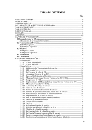 vii
TABLA DE CONTENIDO
Pág.
PÁGINA DEL JURADO................................................................................................................... ii
DEDICATORIA ............................................................................................................................... iii
AGRADECIMIENTO ........................................................................................................................v
DECLARACIÓN DE AUTENTICIDAD Y NO PLAGIO................................................................vi
TABLA DE CONTENIDO.............................................................................................................. vii
TABLA DE FIGURAS.......................................................................................................................x
ÍNDICE DE TABLAS ........................................................................................................................x
RESUMEN....................................................................................................................................... xii
ABSTRACT.................................................................................................................................... xiii
CAPÍTULO I: INTRODUCCIÓN ....................................................................................................14
1 Planteamiento del problema....................................................................................................14
1.1 Descripción de la Situación Problemática...........................................................................14
1.2 Formulación del Problema...................................................................................................15
1.2.1Problema general...............................................................................................................15
1.2.2Problemas específicos .......................................................................................................15
1.3 Objetivos ................................................................................................................................16
1.3.1 Objetivo General ..............................................................................................................16
1.3.2 Objetivos Específicos.......................................................................................................16
1.4 Justificación...........................................................................................................................16
1.5 Limitaciones...........................................................................................................................17
CAPÍTULO II: MARCO TEÓRICO ................................................................................................18
2.1 Antecedentes .......................................................................................................................18
2.1.1 A nivel Internacional.............................................................................................. 18
2.1.2 A nivel Nacional..................................................................................................... 21
2.2Bases Teóricas......................................................................................................................24
2.2.1 Gobierno de las Tecnologías de Información......................................................... 24
2.2.2 ITIL versión 3.0...................................................................................................... 24
2.2.3 La Propuesta de valor de ITIL................................................................................ 26
2.2.4 Alcance del Gobierno de las TIC. .......................................................................... 27
2.2.5 Fases del Ciclo de vida del Servicio....................................................................... 28
2.2.6 Marco de Trabajo para el Soporte Técnico de las TIC (FITS)............................... 33
2.2.7 Los procesos de FITS............................................................................................. 34
2.2.8 Implementación del Marco de Trabajo para el Soporte Técnico de las TIC.......... 37
2.2.9 Mesa de Servicio (Service Desk) ........................................................................... 40
2.2.10 Actividades de la Mesa de Servicio........................................................................ 42
2.2.11 Tipos de Mesa de Servicio ..................................................................................... 44
2.2.12 Formas de operación de las mesas de servicio ....................................................... 46
2.2.13 Sistemas de gestión informatizados para la mesa de Servicio................................ 48
2.2.14 Funcionalidades del software de la mesa de servicios. .......................................... 49
2.2.15 Implementación de la Mesa de servicio. ................................................................ 51
2.2.16 Plan de implementación para la mesa de servicio.................................................. 52
2.2.17 Métricas de la mesa de servicio.............................................................................. 53
2.2.18 Satisfacción de Usuario.......................................................................................... 54
2.2.19 Servicio................................................................................................................... 55
2.2.20 Calidad y satisfacción de usuario ........................................................................... 56
2.2.21 Criterios que definen la calidad del servicio. ......................................................... 58
2.2.22 Modelos de calidad de servicio. ............................................................................. 59
2.2.23 La Escuela nórdica de calidad de servicio.............................................................. 59
2.2.24 La Escuela Norteamericana de calidad de servicio ................................................ 60
2.2.25 Factores que determinan la satisfacción de usuarios.............................................. 62
2.2.26 Predictores de la calidad de servicio y la satisfacción del cliente. ......................... 62
 