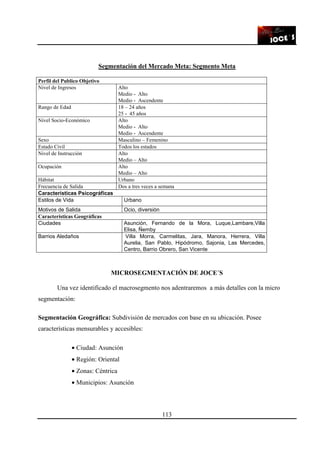 113
Segmentación del Mercado Meta: Segmento Meta
Perfil del Publico Objetivo
Nivel de Ingresos Alto
Medio - Alto
Medio - Ascendente
Rango de Edad 18 – 24 años
25 - 45 años
Nivel Socio-Económico Alto
Medio - Alto
Medio - Ascendente
Sexo Masculino – Femenino
Estado Civil Todos los estados
Nivel de Instrucción Alto
Medio – Alto
Ocupación Alto
Medio – Alto
Hábitat Urbano
Frecuencia de Salida Dos a tres veces a semana
Características Psicográficas
Estilos de Vida Urbano
Motivos de Salida Ocio, diversión
Características Geográficas
Ciudades Asunción, Fernando de la Mora, Luque,Lambare,Villa
Elisa, Ñemby
Barrios Aledaños Villa Morra, Carmelitas, Jara, Manora, Herrera, Villa
Aurelia, San Pablo, Hipódromo, Sajonia, Las Mercedes,
Centro, Barrio Obrero, San Vicente
MICROSEGMENTACIÓN DE JOCE´S
Una vez identificado el macrosegmento nos adentraremos a más detalles con la micro
segmentación:
Segmentación Geográfica: Subdivisión de mercados con base en su ubicación. Posee
características mensurables y accesibles:
• Ciudad: Asunción
• Región: Oriental
• Zonas: Céntrica
• Municipios: Asunción
 