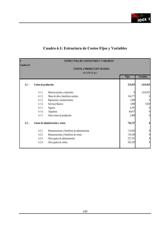 145
Cuadro 6.1: Estructura de Costos Fijos y Variables
0 ESTRUCTURA DE COSTOS FIJOS Y VARIABLES
Cuadro 6-I
COSTOS A PRODUCCION MAXIMA
(en miles de gs.)
Fijos Variables
6.1 - Costos de producción 215,019 1,015,043
6.1.1. Materias primas y materiales 0 1,010,023
6.1.2. Mano de obra y beneficios sociales 164,377 0
6.1.3. Reparación y mantenimiento 1,800 0
6.1.4. Servicios Basicos 1,800 5,020
6.1.5. Seguros 4,385 0
6.1.6. Alquileres 40,657 0
6.1.7. Otros costos de producción 2,000 0
6.2 - Gastos de administración y ventas 744,747 0
6.2.1. Remuneraciones y beneficios de administración 116,056 0
6.2.2. Remuneraciones y beneficios de ventas 158,380 0
6.2.3. Otros gastos de administración 227,781 0
6.2.4. Otros gastos de ventas 242,530 0
 