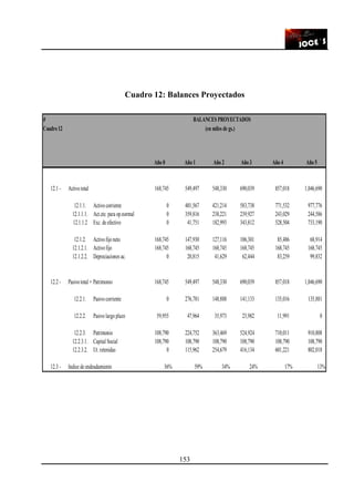 153
Cuadro 12: Balances Proyectados
0 BALANCES PROYECTADOS
Cuadro 12 (en miles de gs.)
Año 0 Año 1 Año 2 Año 3 Año 4 Año 5
12.1 - Activo total 168,745 549,497 548,330 690,039 857,018 1,046,690
12.1.1. Activo corriente 0 401,567 421,214 583,738 771,532 977,776
12.1.1.1. Act.cte. para op.normal 0 359,816 238,221 239,927 243,029 244,586
12.1.1.2 Exc. de efectivo 0 41,751 182,993 343,812 528,504 733,190
12.1.2. Activo fijo neto 168,745 147,930 127,116 106,301 85,486 68,914
12.1.2.1. Activo fijo 168,745 168,745 168,745 168,745 168,745 168,745
12.1.2.2. Depreciaciones ac. 0 20,815 41,629 62,444 83,259 99,832
12.2 - Pasivo total + Patrimonio 168,745 549,497 548,330 690,039 857,018 1,046,690
12.2.1. Pasivo corriente 0 276,781 148,888 141,133 135,016 135,881
12.2.2. Pasivo largo plazo 59,955 47,964 35,973 23,982 11,991 0
12.2.3. Patrimonio 108,790 224,752 363,469 524,924 710,011 910,808
12.2.3.1. Capital Social 108,790 108,790 108,790 108,790 108,790 108,790
12.2.3.2. Ut. retenidas 0 115,962 254,679 416,134 601,221 802,018
12.3 - Indice de endeudamiento 36% 59% 34% 24% 17% 13%
 
