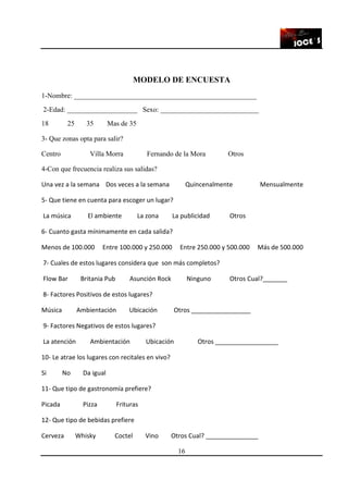 16
MODELO DE ENCUESTA
1-Nombre: ____________________________________________________
2-Edad: ____________________ Sexo: ____________________________
18 25 35 Mas de 35
3- Que zonas opta para salir?
Centro Villa Morra Fernando de la Mora Otros
4-Con que frecuencia realiza sus salidas?
Una vez a la semana Dos veces a la semana Quincenalmente Mensualmente
5- Que tiene en cuenta para escoger un lugar?
La música El ambiente La zona La publicidad Otros
6- Cuanto gasta mínimamente en cada salida?
Menos de 100.000 Entre 100.000 y 250.000 Entre 250.000 y 500.000 Más de 500.000
7- Cuales de estos lugares considera que son más completos?
Flow Bar Britania Pub Asunción Rock Ninguno Otros Cual?_______
8- Factores Positivos de estos lugares?
Música Ambientación Ubicación Otros _________________
9- Factores Negativos de estos lugares?
La atención Ambientación Ubicación Otros __________________
10- Le atrae los lugares con recitales en vivo?
Si No Da igual
11- Que tipo de gastronomía prefiere?
Picada Pizza Frituras
12- Que tipo de bebidas prefiere
Cerveza Whisky Coctel Vino Otros Cual? _______________
 