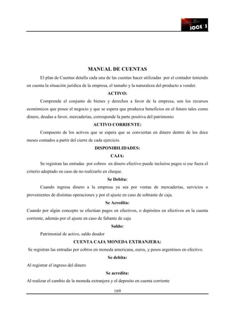 169
MANUAL DE CUENTAS
El plan de Cuentas detalla cada una de las cuentas hacer utilizadas por el contador teniendo
en cuenta la situación jurídica de la empresa, el tamaño y la naturaleza del producto a vender.
ACTIVO:
Comprende el conjunto de bienes y derechos a favor de la empresa, son los recursos
económicos que posee el negocio y que se espera que produzca beneficios en el futuro tales como
dinero, deudas a favor, mercaderías, corresponde la parte positiva del patrimonio
ACTIVO CORRIENTE:
Compuesto de los activos que se espera que se conviertan en dinero dentro de los doce
meses contados a partir del cierre de cada ejercicio.
DISPONIBILIDADES:
CAJA:
Se registran las entradas por cobros en dinero efectivo puede incluirse pagos si ese fuera el
criterio adoptado en caso de no realizarlo en cheque.
Se Debita:
Cuando ingresa dinero a la empresa ya sea por ventas de mercaderías, servicios o
provenientes de distintas operaciones y por el ajuste en caso de sobrante de caja.
Se Acredita:
Cuando por algún concepto se efectúan pagos en efectivos, o depósitos en efectivos en la cuenta
corriente, además por el ajuste en caso de faltante de caja
Saldo:
Patrimonial de activo, saldo deudor
CUENTA CAJA MONEDA EXTRANJERA:
Se registran las entradas por cobros en moneda americana, euros, y pesos argentinos en efectivo.
Se debita:
Al registrar el ingreso del dinero
Se acredita:
Al realizar el cambio de la moneda extranjera y el deposito en cuenta corriente
 