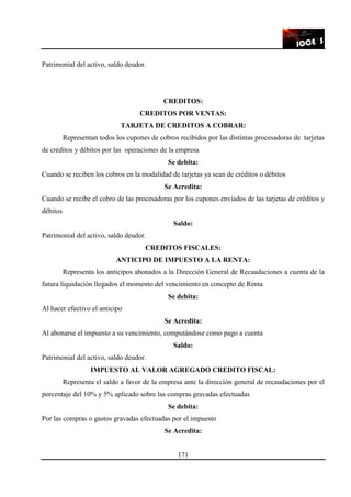 171
Patrimonial del activo, saldo deudor.
CREDITOS:
CREDITOS POR VENTAS:
TARJETA DE CREDITOS A COBRAR:
Representan todos los cupones de cobros recibidos por las distintas procesadoras de tarjetas
de créditos y débitos por las operaciones de la empresa
Se debita:
Cuando se reciben los cobros en la modalidad de tarjetas ya sean de créditos o débitos
Se Acredita:
Cuando se recibe el cobro de las procesadoras por los cupones enviados de las tarjetas de créditos y
débitos
Saldo:
Patrimonial del activo, saldo deudor.
CREDITOS FISCALES:
ANTICIPO DE IMPUESTO A LA RENTA:
Representa los anticipos abonados a la Dirección General de Recaudaciones a cuenta de la
futura liquidación llegados el momento del vencimiento en concepto de Renta
Se debita:
Al hacer efectivo el anticipo
Se Acredita:
Al abonarse el impuesto a su vencimiento, computándose como pago a cuenta
Saldo:
Patrimonial del activo, saldo deudor.
IMPUESTO AL VALOR AGREGADO CREDITO FISCAL:
Representa el saldo a favor de la empresa ante la dirección general de recaudaciones por el
porcentaje del 10% y 5% aplicado sobre las compras gravadas efectuadas
Se debita:
Por las compras o gastos gravadas efectuadas por el impuesto
Se Acredita:
 