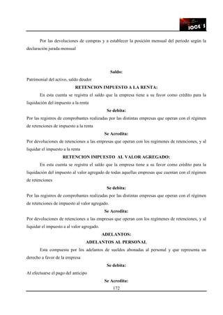 172
Por las devoluciones de compras y a establecer la posición mensual del periodo según la
declaración jurada mensual
Saldo:
Patrimonial del activo, saldo deudor
RETENCION IMPUESTO A LA RENTA:
En esta cuenta se registra el saldo que la empresa tiene a su favor como crédito para la
liquidación del impuesto a la renta
Se debita:
Por las registros de comprobantes realizadas por las distintas empresas que operan con el régimen
de retenciones de impuesto a la renta
Se Acredita:
Por devoluciones de retenciones a las empresas que operan con los regímenes de retenciones, y al
liquidar el impuesto a la renta
RETENCION IMPUESTO AL VALOR AGREGADO:
En esta cuenta se registra el saldo que la empresa tiene a su favor como crédito para la
liquidación del impuesto al valor agregado de todas aquellas empresas que cuentan con el régimen
de retenciones
Se debita:
Por las registros de comprobantes realizadas por las distintas empresas que operan con el régimen
de retenciones de impuesto al valor agregado.
Se Acredita:
Por devoluciones de retenciones a las empresas que operan con los regímenes de retenciones, y al
liquidar el impuesto a al valor agregado.
ADELANTOS:
ADELANTOS AL PERSONAL
Esta compuesta por los adelantos de sueldos abonadas al personal y que representa un
derecho a favor de la empresa
Se debita:
Al efectuarse el pago del anticipo
Se Acredita:
 