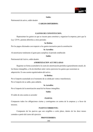180
Saldo:
Patrimonial de activo, saldo deudor
CARGOS DIFERIDOS:
GASTOS DE CONSTITUCION:
Representan los gastos en que se incurre para constituir y organizar la empresa, pero que la
Ley 125/91, permite diferirlos a otros periodos
Se Debita:
Por los pagos efectuados con respecto a los gastos necesarios para la constitución
Se Acredita:
Al amortizarse totalmente el gasto para cumplirse el periodo establecido
Saldo:
Patrimonial del Activo, saldo deudor.
AMORTIZACION ACUMULADAS
Registrar en forma acumulativa la cuota de amortización periódica (generalmente anual), de
los bienes intangibles, a fin de distribuir entre varios ejercicios los gastos que ocasionan su
adquisición. Es una cuenta regularizadora del activo.
Se Debita:
Por el importe acumulado en el momento de su salida por venta o transferencia.
Por el importe de su saldo, para saldarla.
Se Acredita:
Por el importe de la amortización anual de los bienes intangibles.
Saldo:
El saldo de esta cuenta es acreedor
PASIVO:
Compuesto todos los obligaciones ciertas y contingentes en contra de la empresa y a favor de
terceros.
PASIVO CORRIENTE:
Compuesto de los pasivos que son exigibles a corto plazo, dentro de los doce meses
contados a partir del cierre del ejercicio.
PROVEEDORES:
 