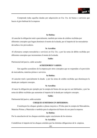 181
Comprende todas aquellas deudas por adquisición en Cta. Cte. de bienes o servicios que
hacen al giro habitual de la empresa
Se Debita:
Al cancelar la obligación total o parcialmente, también por notas de créditos recibidas por
diferentes conceptos que hagan disminuir el monto de la deuda, por el importe de las mercaderías
devueltas a los proveedores.
Se Acredita:
Al efectuarse compra mercaderías o servicios en Cta. Cte. y por las notas de débito recibidas por
diferentes conceptos que incrementan el monto de la deuda.
Saldo:
Patrimonial del pasivo, saldo acreedor
ACREEDORES VARIOS:
Son aquellos acreedores de la empresa por otros conceptos que no respondan a la provisión
de mercaderías, materias primas o servicios.
Se Debita:
Al cancelar total o parcialmente la deuda y por las notas de crédito recibidas que disminuyen la
deuda por cualquier concepto.
Se Acredita:
Al nacer la obligación por ejemplo por la compra de bienes de uso que no son habituales, y por las
notas de débito recibidas que aumentan el importe de la deuda por cualquier concepto.
Saldo:
Patrimonial del pasivo, saldo acreedor
CHEQUES EMITIDOS EN DIFERIDOS:
Constituyen los cheques girados a plazas mayores a 30 días para la compra de Mercaderías,
Materias Primas y Materiales o también para la adquision de bienes de uso para la empresa
Se Debita:
Por la cancelación de los cheques emitidos según vencimiento de los mismos
Se Acredita:
Contabilizar el importe de los cheques emitidos por las distintas obligaciones de la empresa.
 