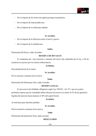 185
- Por el importe de los retiros de capital que haga el propietario
- Por el importe de toda perdida neta
- Por el importe de su salda para saldarla
Se Acredita:
- Por el importe de la diferencia entre el activo y pasivo
- Por el importe de la utilidad neta
Saldo:
Patrimonial del Pasivo, saldo Acreedor.
RESERVA DE REVALUO
Es compuesta por una extensión o aumento del activo fijo estipulado por la ley, a fin de
actualizar los precios por los efectos inflacionarios.
Se Debita:
Para desafectación de la cuenta.
Se Acredita:
Por la creación o aumento de la reserva.
Saldo:
Patrimonial del Patrimonio Neto, saldo Acreedor
RESERVA LEGAL:
Es una reserva de utilidades obligatoria según Ley 1034/83, Art. 91°, que en su parte
pertinente expresa que las sociedades deben efectuar una reserva no menor al 5% de las ganancias
liquidas del ejercicio hasta alcanzar el 20% del capital Social.
Se debita:
Al utilizarlas para absorber pérdidas
Se Acredita:
Para la creación o aumento de la reserva.
Saldo
Patrimonial del patrimonio Neto, saldo acreedor
RESULTADOS
 
