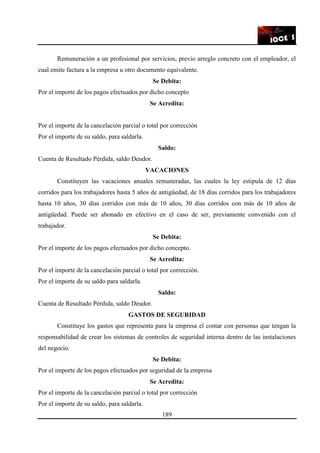 189
Remuneración a un profesional por servicios, previo arreglo concreto con el empleador, el
cual emite factura a la empresa u otro documento equivalente.
Se Debita:
Por el importe de los pagos efectuados por dicho concepto
Se Acredita:
Por el importe de la cancelación parcial o total por corrección
Por el importe de su saldo, para saldarla.
Saldo:
Cuenta de Resultado Pérdida, saldo Deudor.
VACACIONES
Constituyen las vacaciones anuales remuneradas, las cuales la ley estipula de 12 días
corridos para los trabajadores hasta 5 años de antigüedad, de 18 días corridos para los trabajadores
hasta 10 años, 30 días corridos con más de 10 años, 30 días corridos con más de 10 años de
antigüedad. Puede ser abonado en efectivo en el caso de ser, previamente convenido con el
trabajador.
Se Debita:
Por el importe de los pagos efectuados por dicho concepto.
Se Acredita:
Por el importe de la cancelación parcial o total por corrección.
Por el importe de su saldo para saldarla.
Saldo:
Cuenta de Resultado Pérdida, saldo Deudor.
GASTOS DE SEGURIDAD
Constituye los gastos que representa para la empresa el contar con personas que tengan la
responsabilidad de crear los sistemas de controles de seguridad interna dentro de las instalaciones
del negocio.
Se Debita:
Por el importe de los pagos efectuados por seguridad de la empresa
Se Acredita:
Por el importe de la cancelación parcial o total por corrección
Por el importe de su saldo, para saldarla.
 