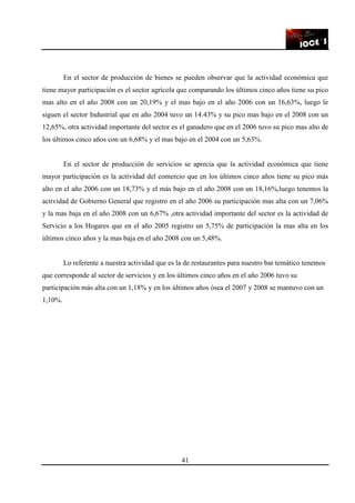 41
En el sector de producción de bienes se pueden observar que la actividad económica que
tiene mayor participación es el sector agrícola que comparando los últimos cinco años tiene su pico
mas alto en el año 2008 con un 20,19% y el mas bajo en el año 2006 con un 16,63%, luego le
siguen el sector Industrial que en año 2004 tuvo un 14.43% y su pico mas bajo en el 2008 con un
12,65%, otra actividad importante del sector es el ganadero que en el 2006 tuvo su pico mas alto de
los últimos cinco años con un 6,68% y el mas bajo en el 2004 con un 5,63%.
En el sector de producción de servicios se aprecia que la actividad económica que tiene
mayor participación es la actividad del comercio que en los últimos cinco años tiene su pico más
alto en el año 2006 con un 18,73% y el más bajo en el año 2008 con un 18,16%,luego tenemos la
actividad de Gobierno General que registro en el año 2006 su participación mas alta con un 7,06%
y la mas baja en el año 2008 con un 6,67% ,otra actividad importante del sector es la actividad de
Servicio a los Hogares que en el año 2005 registro un 5,75% de participación la mas alta en los
últimos cinco años y la mas baja en el año 2008 con un 5,48%.
Lo referente a nuestra actividad que es la de restaurantes para nuestro bar temático tenemos
que corresponde al sector de servicios y en los últimos cinco años en el año 2006 tuvo su
participación más alta con un 1,18% y en los últimos años ósea el 2007 y 2008 se mantuvo con un
1,10%.
 
