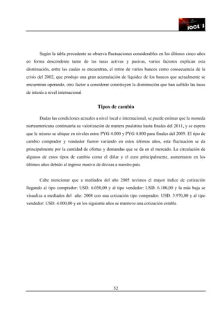 52
Según la tabla precedente se observa fluctuaciones considerables en los últimos cinco años
en forma descendente tanto de las tasas activas y pasivas, varios factores explican esta
disminución, entre las cuales se encuentran, el retiro de varios bancos como consecuencia de la
crisis del 2002, que produjo una gran acumulación de liquidez de los bancos que actualmente se
encuentran operando, otro factor a considerar constituyen la disminución que han sufrido las tasas
de interés a nivel internacional
Tipos de cambio
Dadas las condiciones actuales a nivel local e internacional, se puede estimar que la moneda
norteamericana continuaría su valorización de manera paulatina hasta finales del 2011, y se espera
que le mismo se ubique en niveles entre PYG 4.000 y PYG 4.800 para finales del 2009. El tipo de
cambio comprador y vendedor fueron variando en estos últimos años, esta fluctuación se da
principalmente por la cantidad de ofertas y demandas que se da en el mercado. La circulación de
algunos de estos tipos de cambio como el dólar y el euro principalmente, aumentaron en los
últimos años debido al ingreso masivo de divisas a nuestro país.
Cabe mencionar que a mediados del año 2005 tuvimos el mayor índice de cotización
llegando al tipo comprador: USD. 6.050,00 y al tipo vendedor: USD. 6.100,00 y la más baja se
visualiza a mediados del año: 2008 con una cotización tipo comprador: USD. 3.970,00 y al tipo
vendedor: USD. 4.000,00 y en los siguiente años se mantuvo una cotización estable.
 